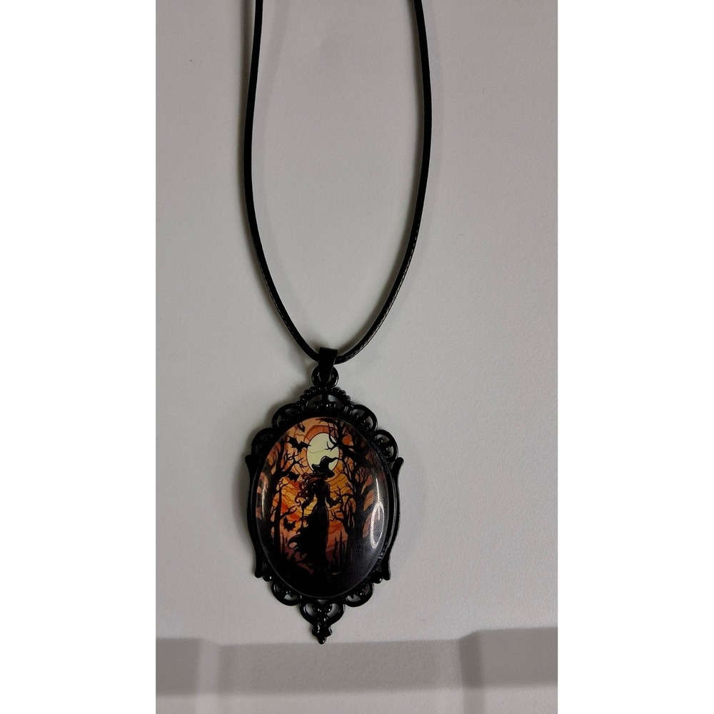 Gothic Witch Cameo Necklace Black Filigree Halloween Victorian Pendant Cord